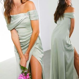 ASOS EDITION satin bardot drape maxi dress in sage 💚